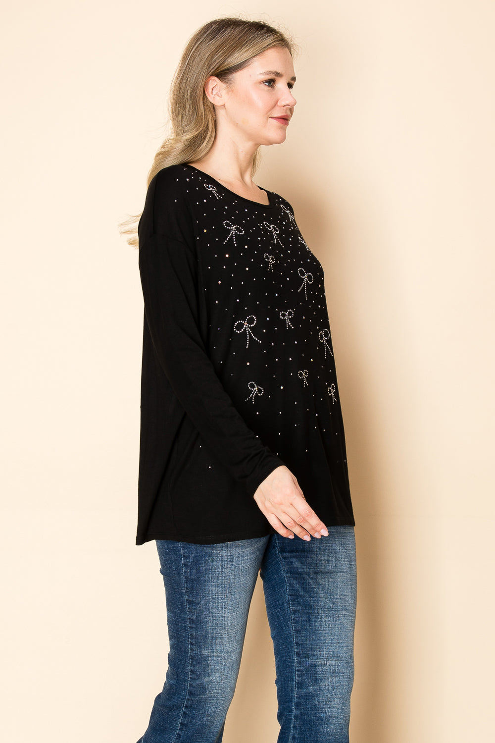 VOCAL Front Bow Stoned Round Neck Long Sleeve