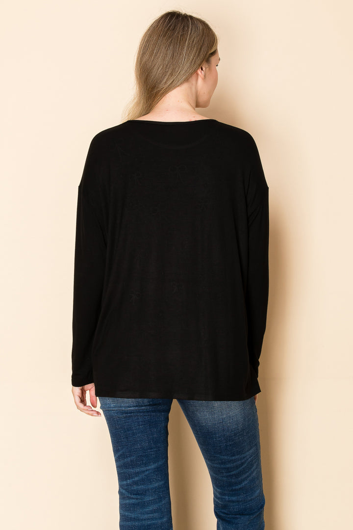 VOCAL Front Bow Stoned Round Neck Long Sleeve