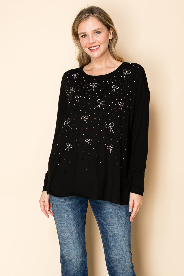 VOCAL Front Bow Stoned Round Neck Long Sleeve