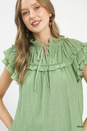 UMGEE Ruffled Flutter Sleeve Textured Blouse on Simply Obsessed
