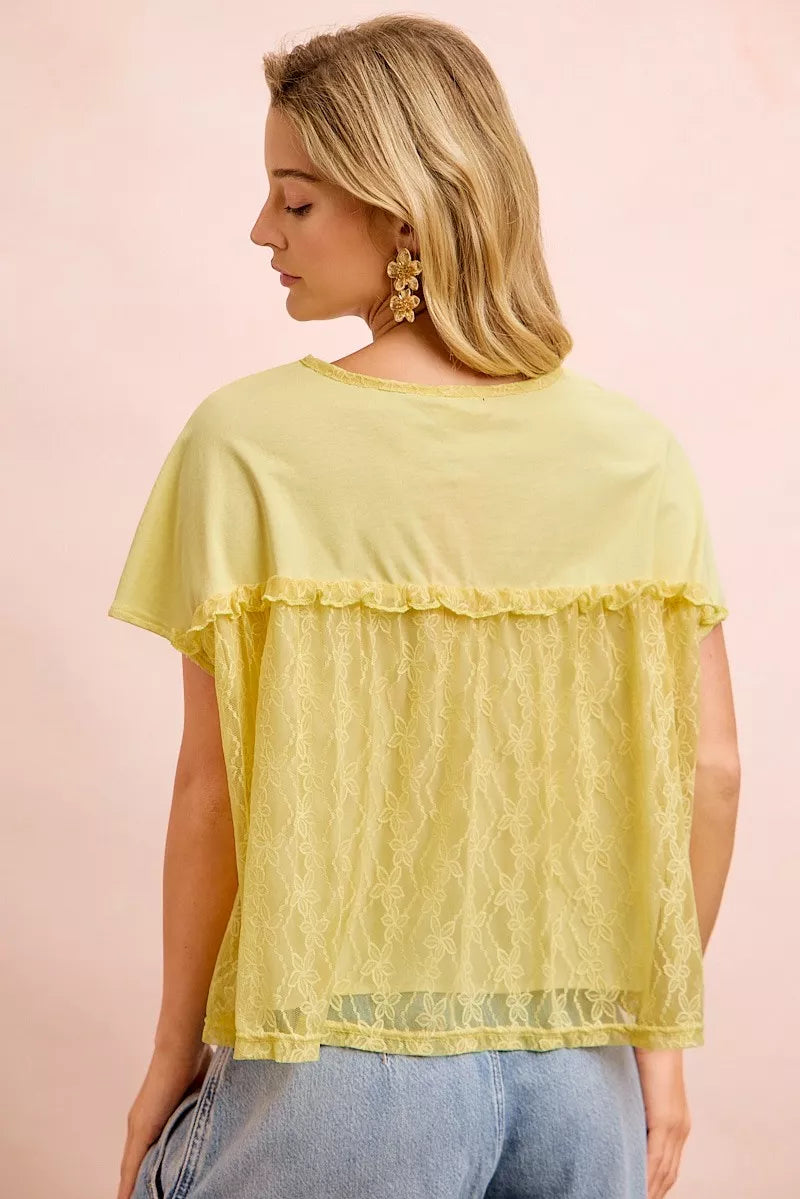 BIBI Solid Jersey With Lace Combo Ruffled Buttoned Top on Simply Obsessed