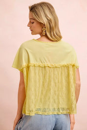 BIBI Solid Jersey With Lace Combo Ruffled Buttoned Top on Simply Obsessed