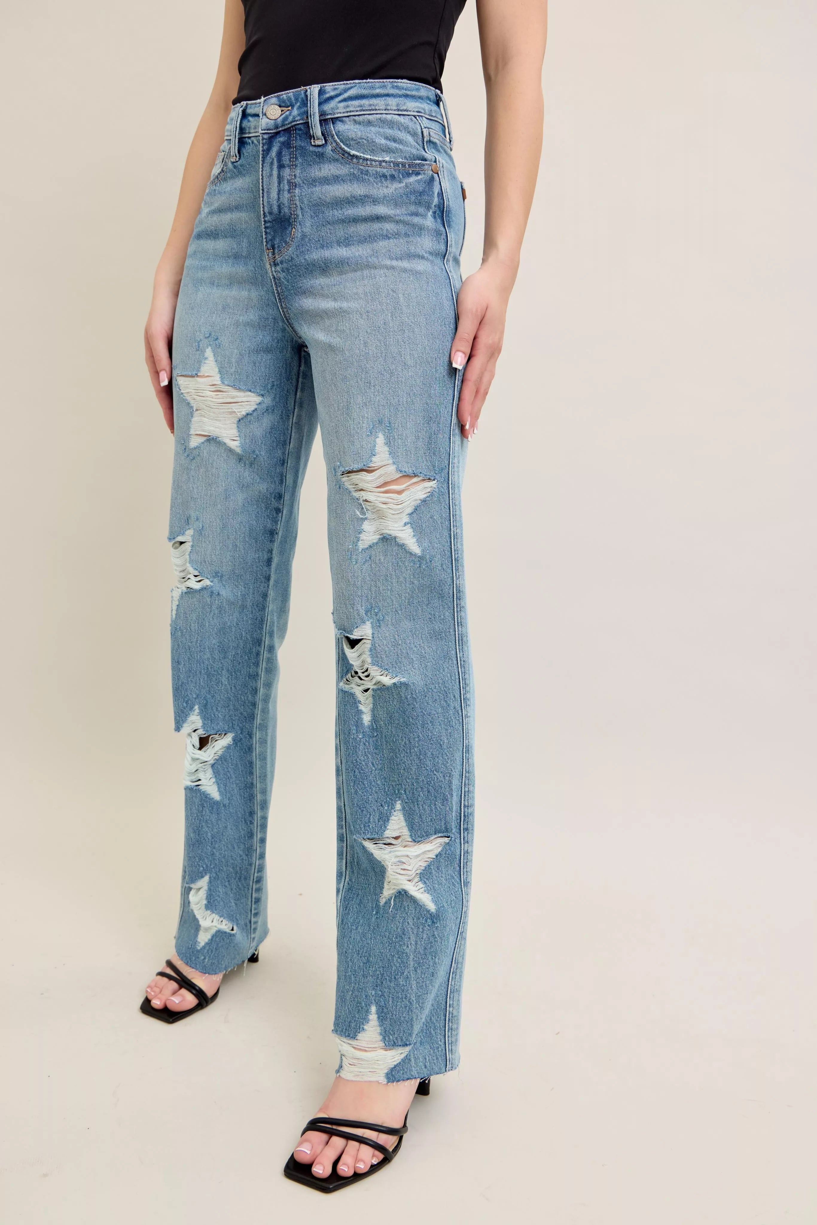 JUDY BLUE Full Size High Waist Rigid Magic Star Shaped Destroy 90's Straight Jeans Plus Size on Simply Obsessed