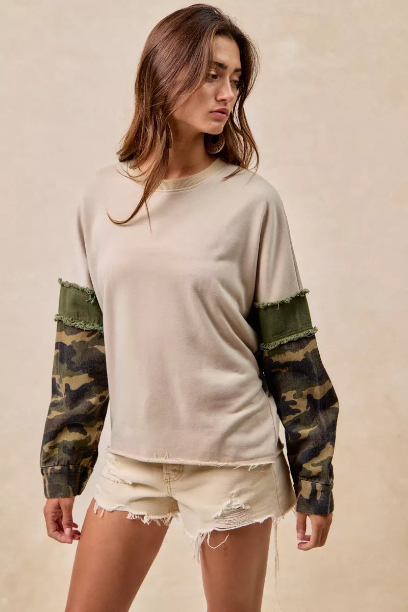 BiBi Camo Sleeve French Terry Top with Frayed Edge on Simply Obsessed