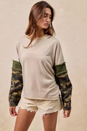 BiBi Camo Sleeve French Terry Top with Frayed Edge on Simply Obsessed