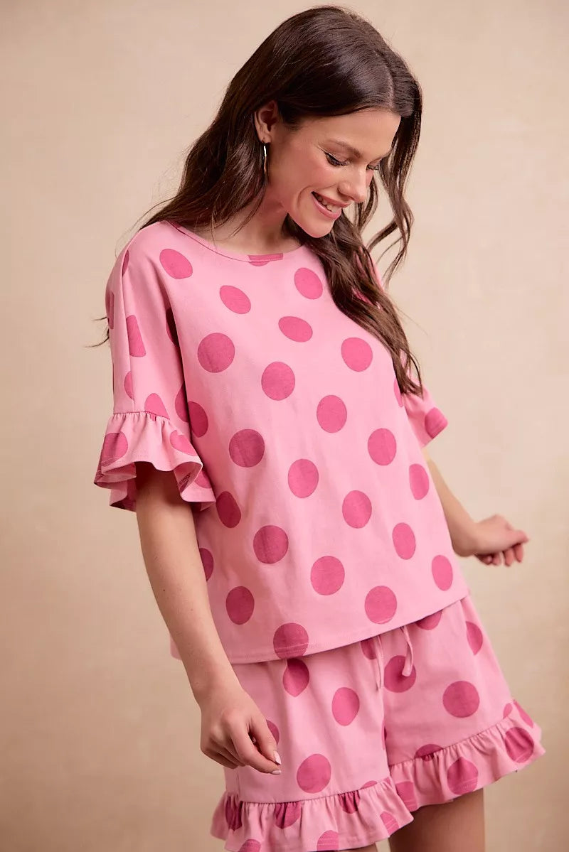 BIBI Polka Dots Printed Ruffled Detail Top And Shorts Set **DOORBUSTER** on Simply Obsessed