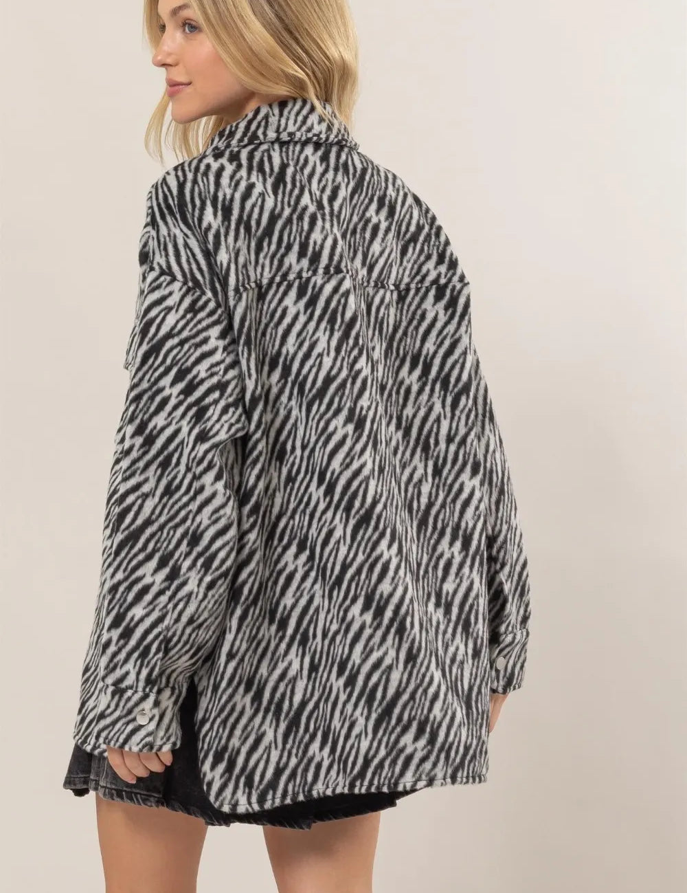 HYFVE Zebra Print Snap Down Long Sleeve Shacket on Simply Obsessed