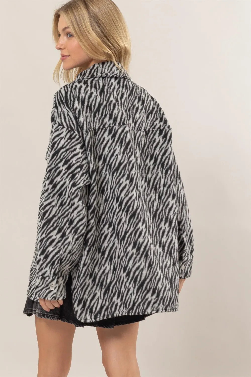 HYFVE Zebra Print Snap Down Long Sleeve Shacket on Simply Obsessed
