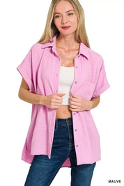 ZENANA Woven Airflow Button Down Shirt on Simply Obsessed