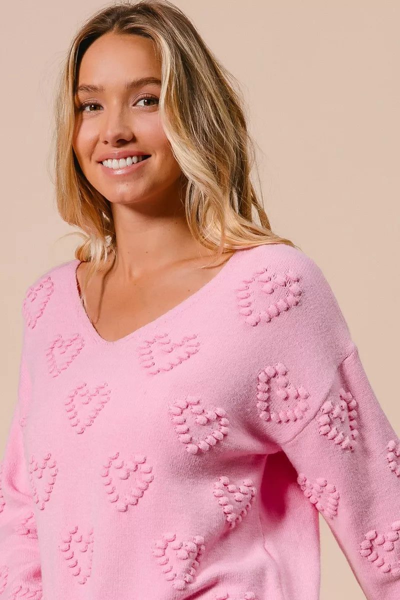 BiBi Valentines Heart Pompom V Neck Knit Top on Simply Obsessed