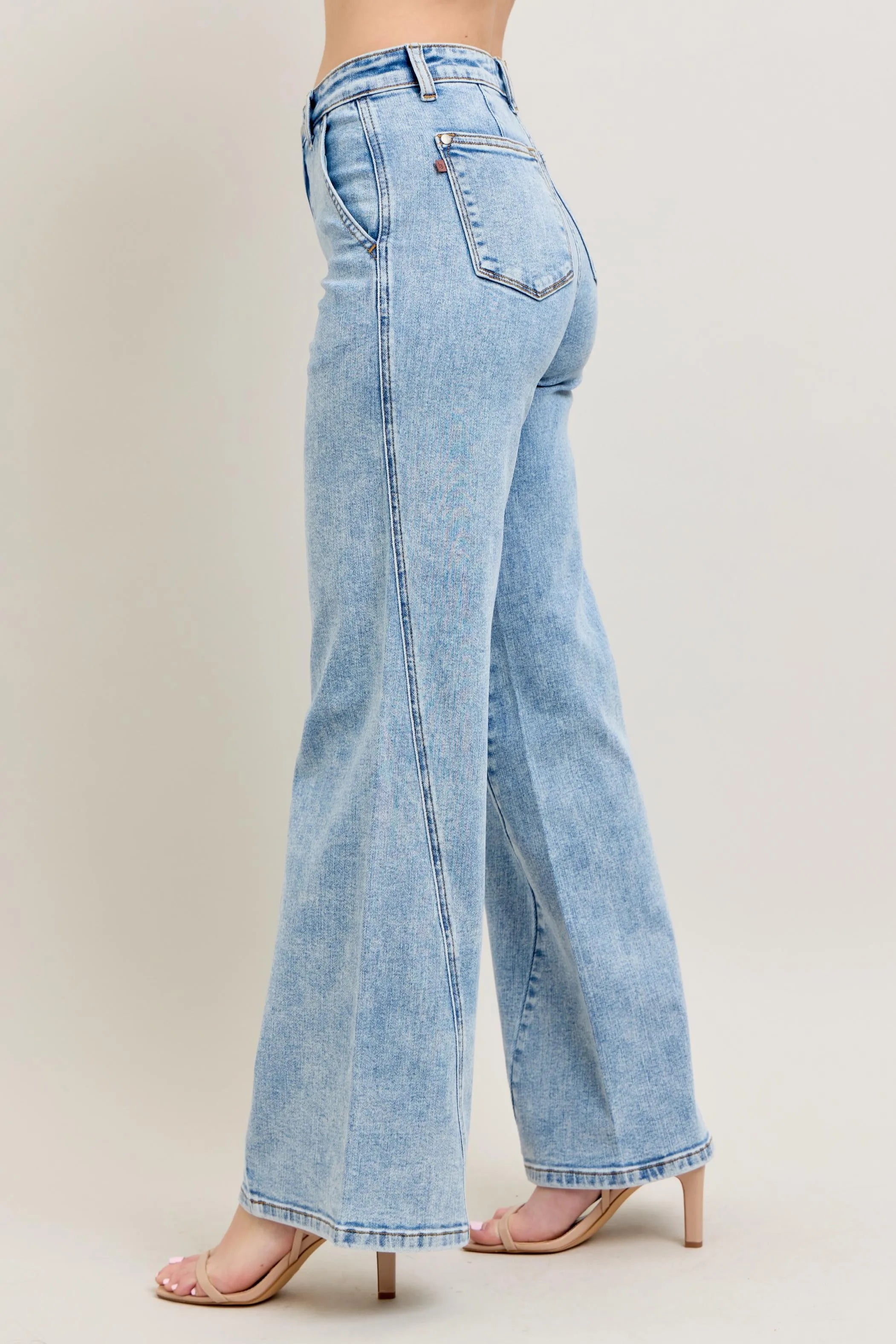 Judy Blue Full Size High Waist Wide Leg Jeans with Skewed Inseam Plus Size on Simply Obsessed