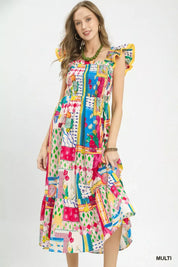 UMGEE Abstract Print Smocked Ruffle Sleeve Tiered Midi Dress on Simply Obsessed