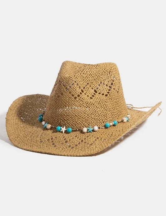 LA FINDS Turquoise and Shell Star Beads Strap Western Straw Hat on Simply Obsessed