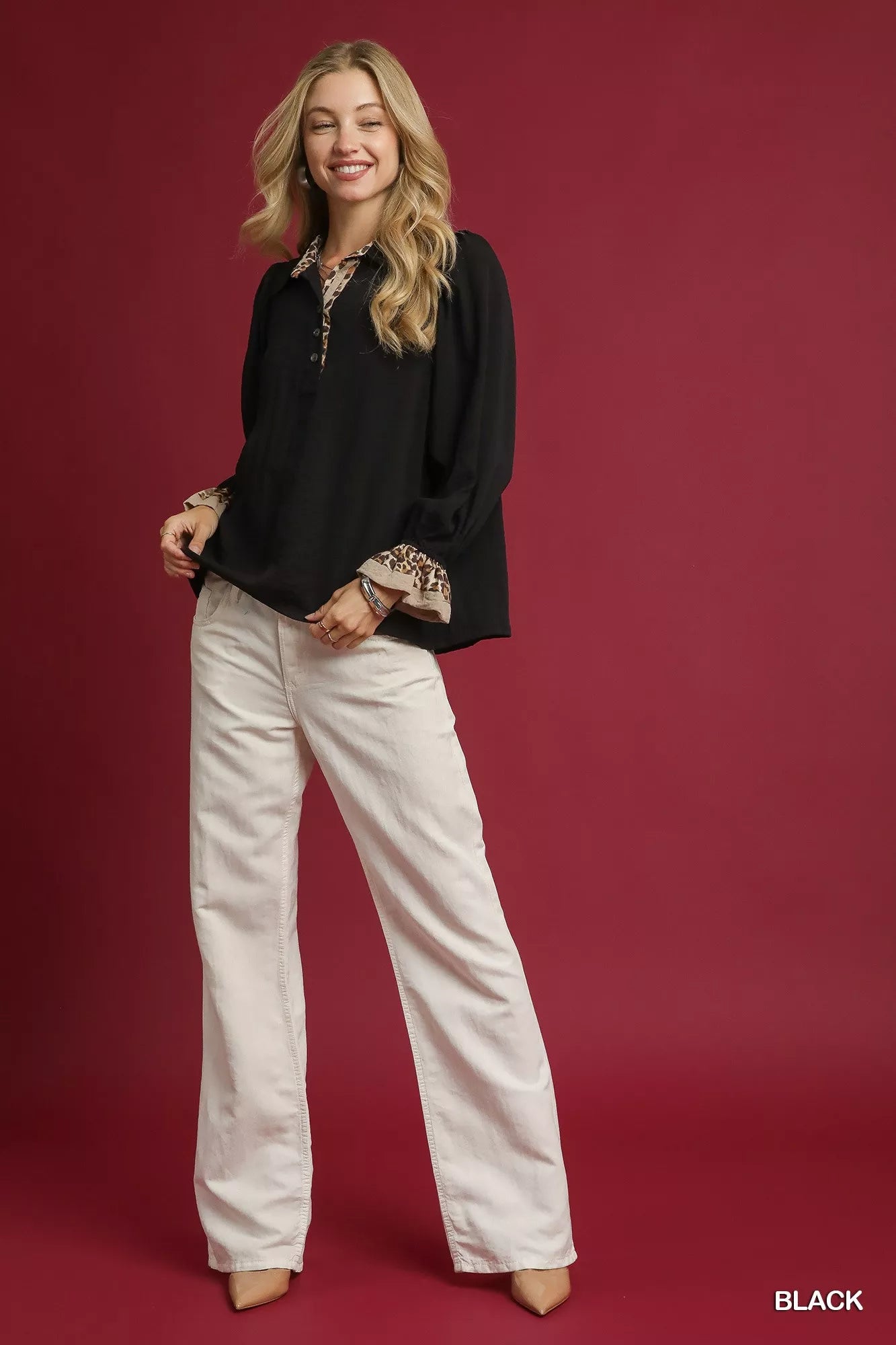 Umgee Half Button Blouse with Leopard Print Trim on Simply Obsessed