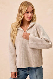 BiBi Two Tone Rib Texured Knit Collared Top with Zip Up on Simply Obsessed
