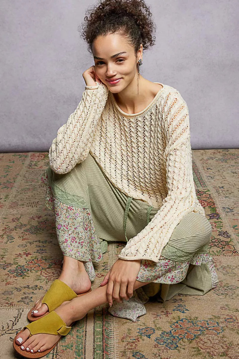 POL Openwork Round Neck Knit Top with Shiny Detail on Simply Obsessed