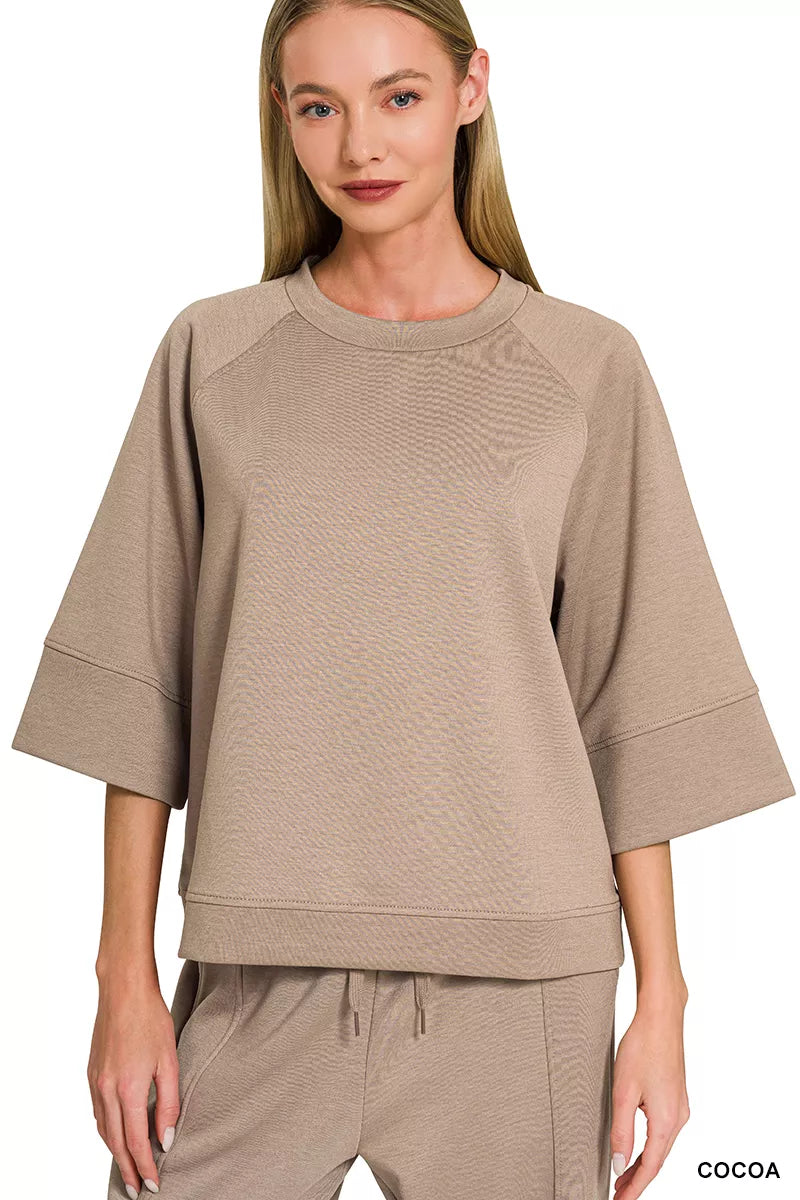 ZENANA Scuba 3/4 Sleeve Pullover & Pants Set on Simply Obsessed