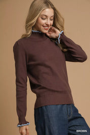 Umgee Ribbed Round Neck Sweater with Ruffle Contrast Trim on Simply Obsessed