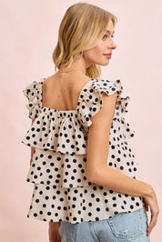 BIBI Polka Dot Ruffled Bow Tied Square Neck Sleeveless Top on Simply Obsessed