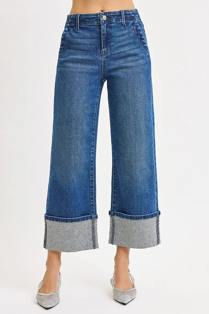 RISEN High Rise Ankle Wide Rhine Stone Cuffed Jeans on Simply Obsessed