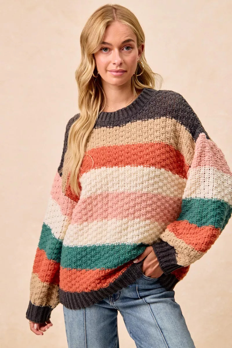 BiBi Stripes Color Block Chunky Sweater on Simply Obsessed