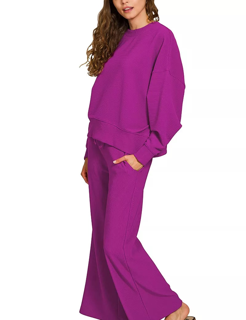 ZENANA Ribbed Round Neck Pullover and Drawstring Pants Set on Simply Obsessed