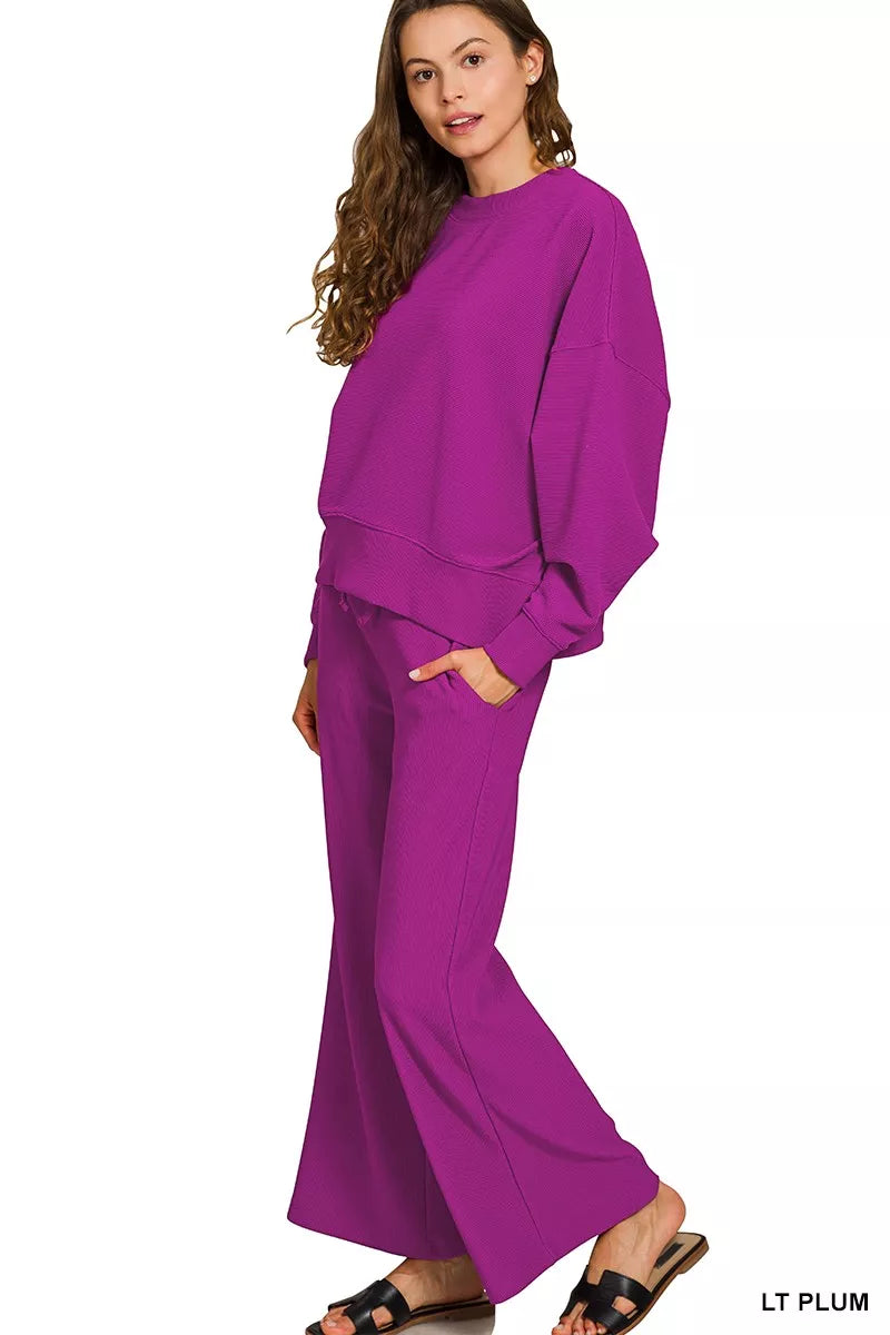 ZENANA Ribbed Round Neck Pullover and Drawstring Pants Set on Simply Obsessed