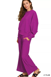 ZENANA Ribbed Round Neck Pullover and Drawstring Pants Set on Simply Obsessed