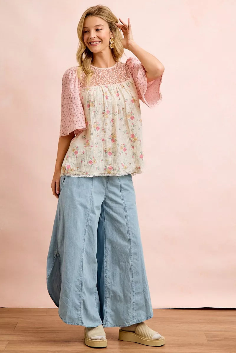 BIBI Crinkle Floral Gauze Mix And Matched Blouse Top on Simply Obsessed