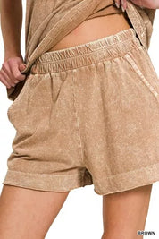 ZENANA Halo Snow Washed Exposed Seam Top & Shorts Set on Simply Obsessed