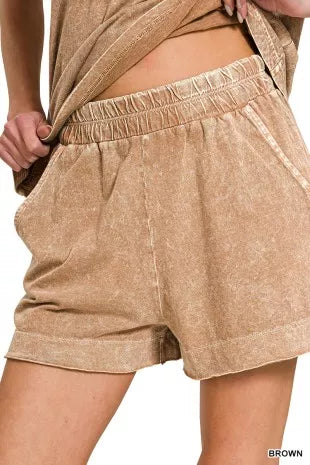 ZENANA Halo Snow Washed Exposed Seam Top & Shorts Set on Simply Obsessed