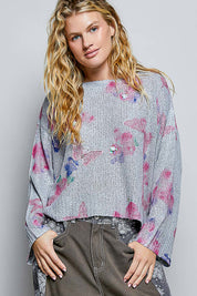 POL Ribbed Butterfly Print Round Neck Knit Top on Simply Obsessed