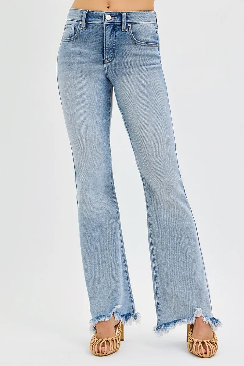 RISEN Full Size Tummy Control Mid Rise Flare Jeans with Fray Hem Detailed Plus Size on Simply Obsessed
