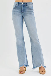 RISEN Full Size Tummy Control Mid Rise Flare Jeans with Fray Hem Detailed Plus Size on Simply Obsessed
