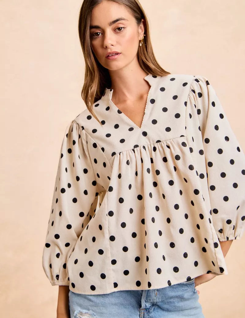 BIBI Polka Dot Corduroy Quarter Sleeves V Neck Blouse on Simply Obsessed