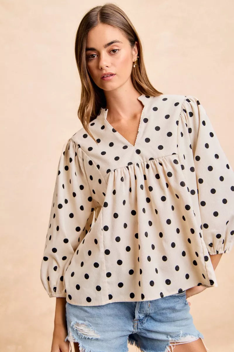 BIBI Polka Dot Corduroy Quarter Sleeves V Neck Blouse on Simply Obsessed
