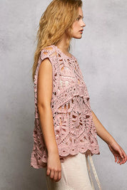 POL Openwork Round Neck Floral Crochet Tank on Simply Obsessed