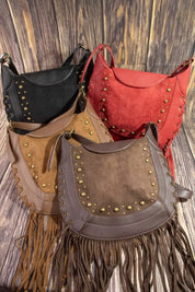 Fame Rivet Trim Suede Fringe Shoulder Bag on Simply Obsessed