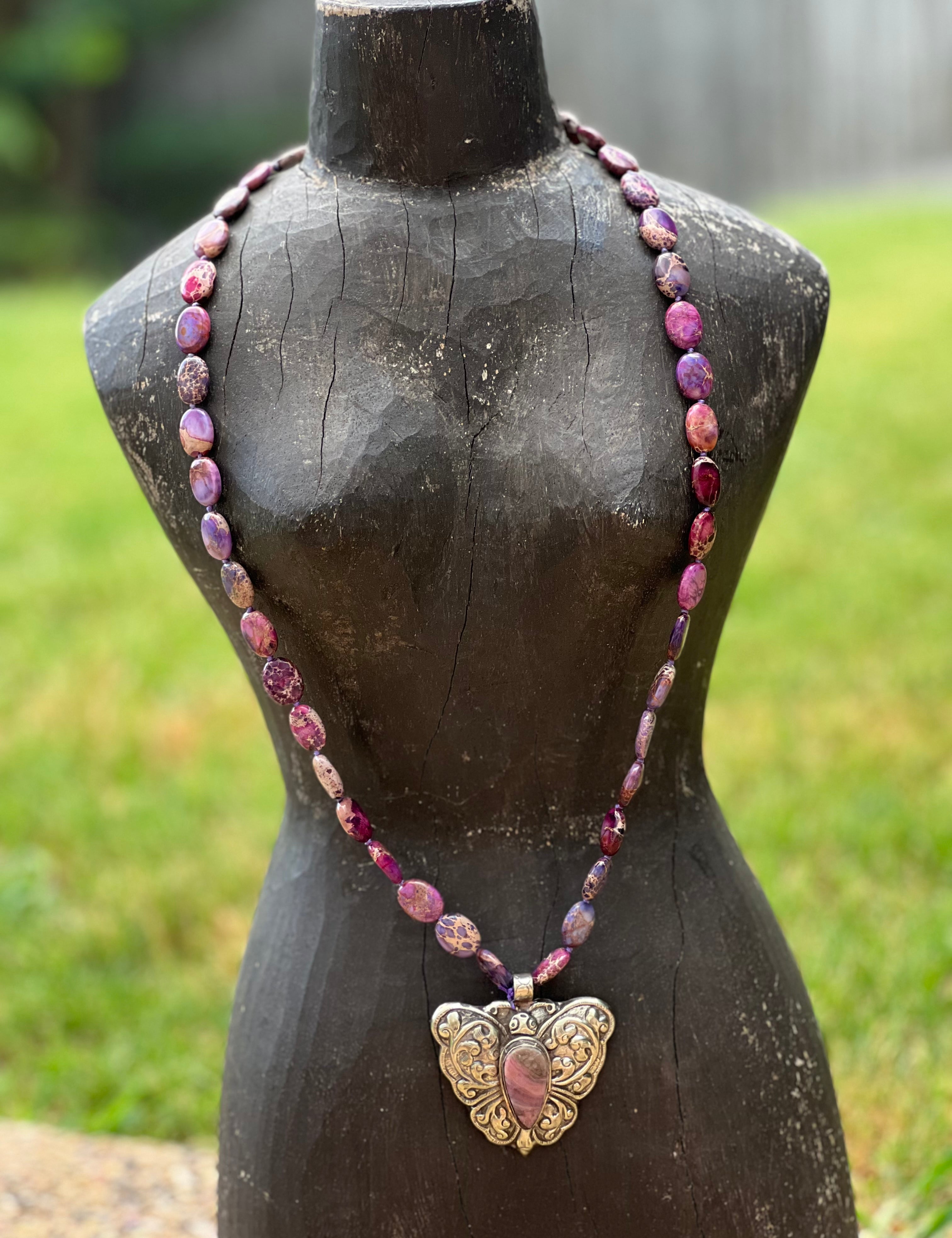 Sponge Coral Tibetan Silver Botswana Agate Butterfly OOAK Necklace on Simply Obsessed