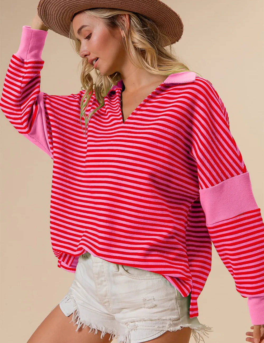 BiBi Striped Contrast Long Sleeve Knit Top on Simply Obsessed