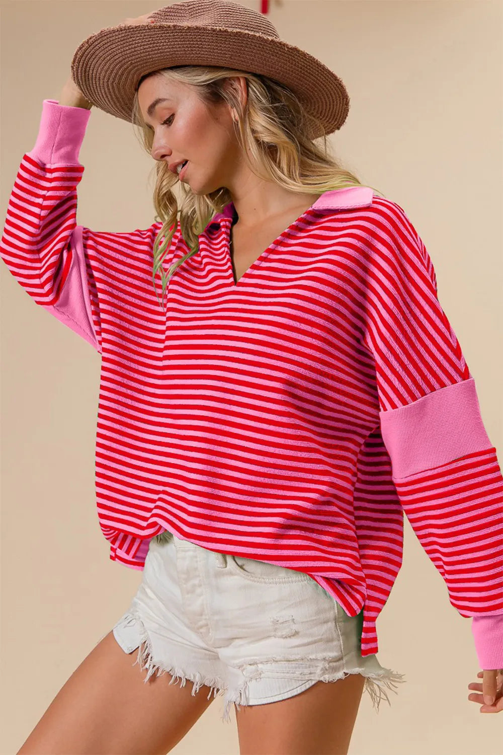BiBi Striped Contrast Long Sleeve Knit Top on Simply Obsessed