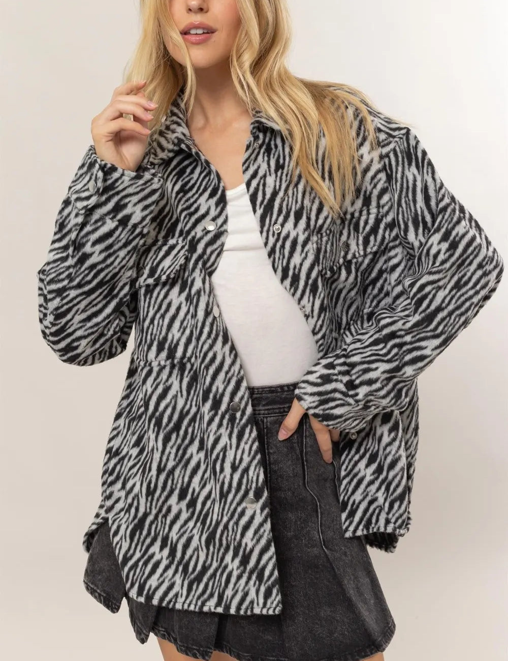 HYFVE Zebra Print Snap Down Long Sleeve Shacket on Simply Obsessed