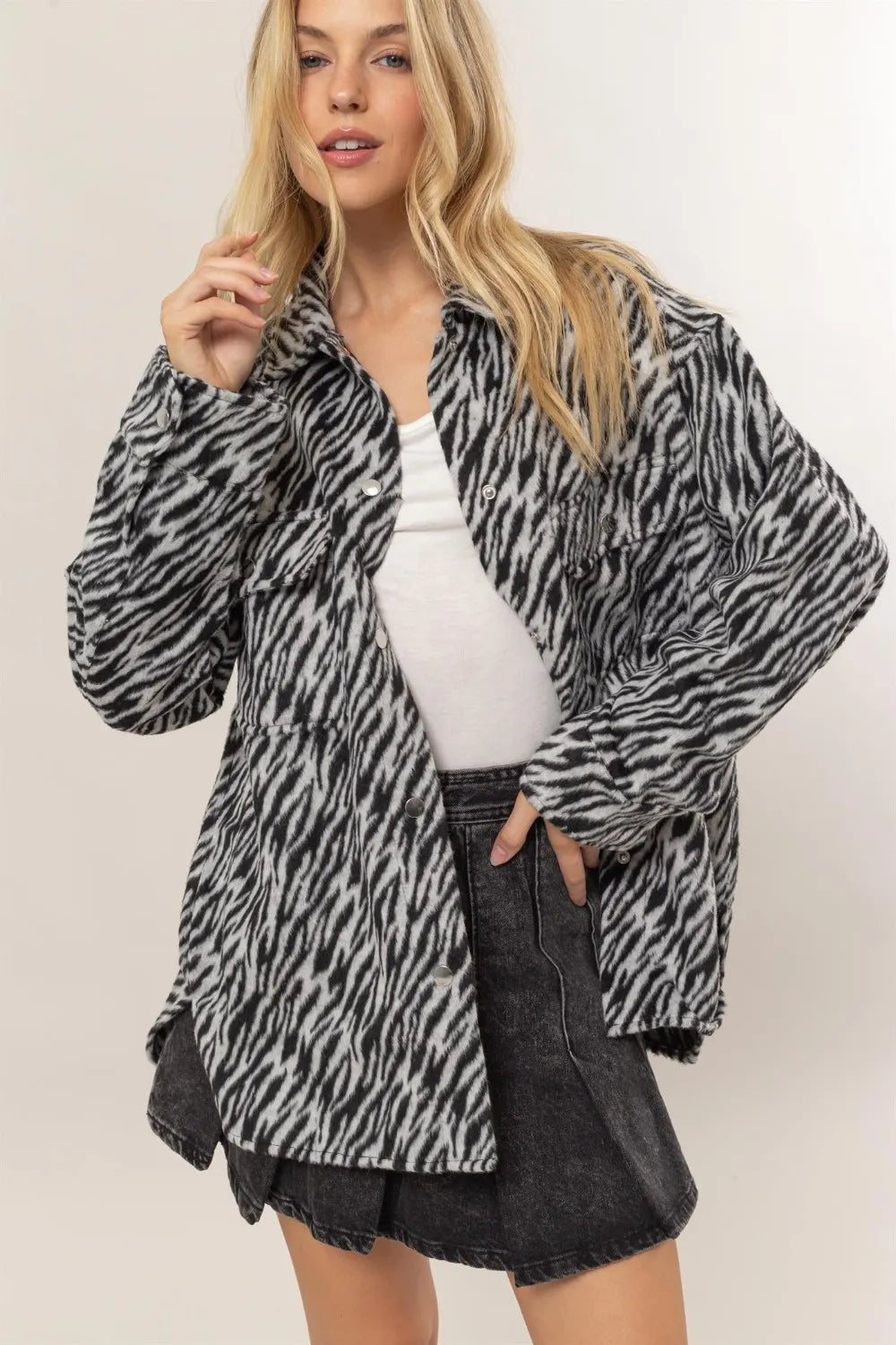HYFVE Zebra Print Snap Down Long Sleeve Shacket on Simply Obsessed