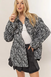 HYFVE Zebra Print Snap Down Long Sleeve Shacket on Simply Obsessed
