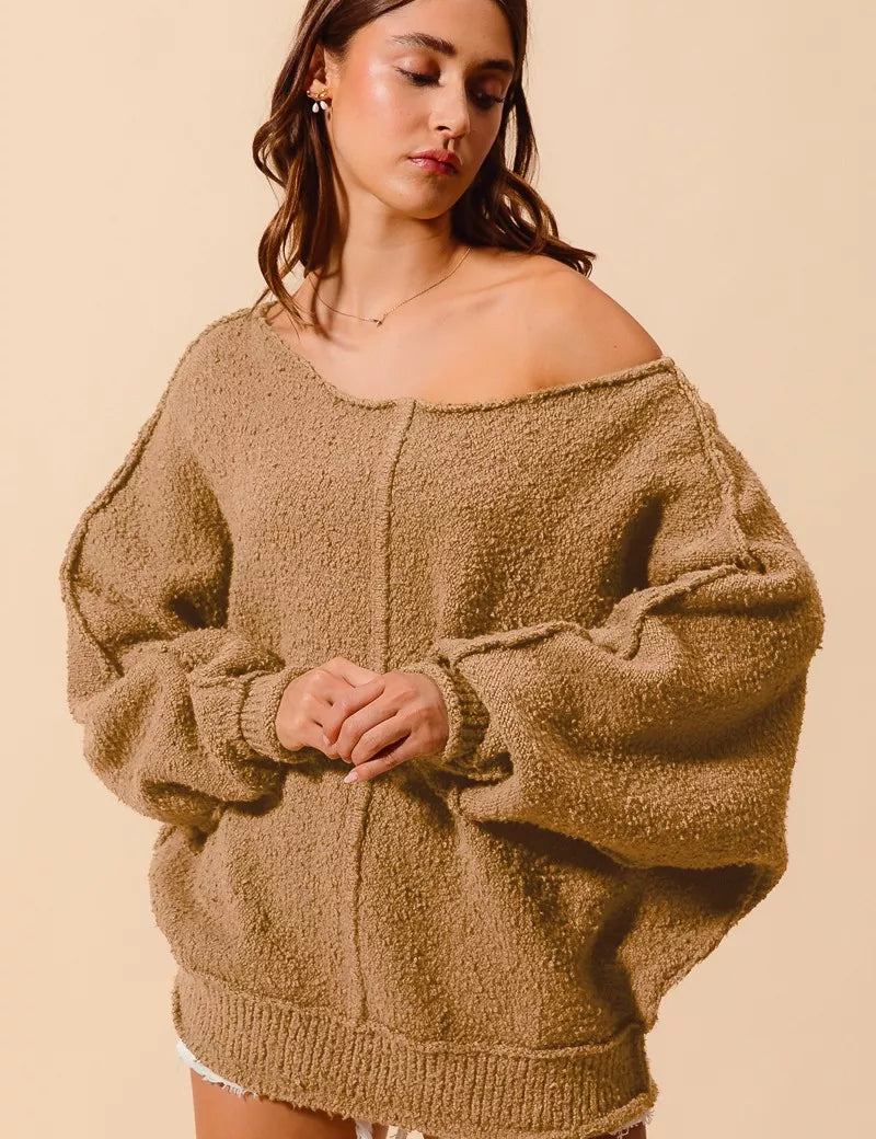 SO ME Loose Fit Exposed Seam Slouchy Boucle Sweater on Simply Obsessed