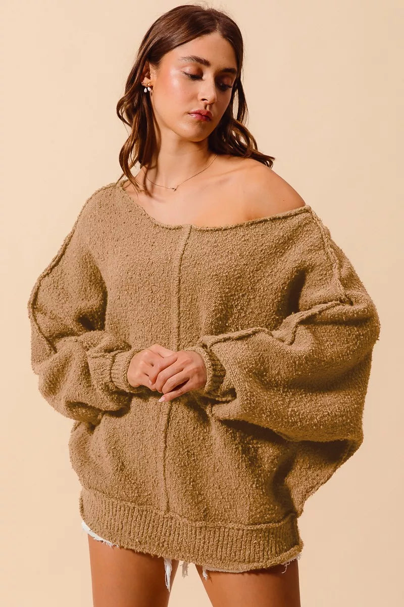 SO ME Loose Fit Exposed Seam Slouchy Boucle Sweater on Simply Obsessed