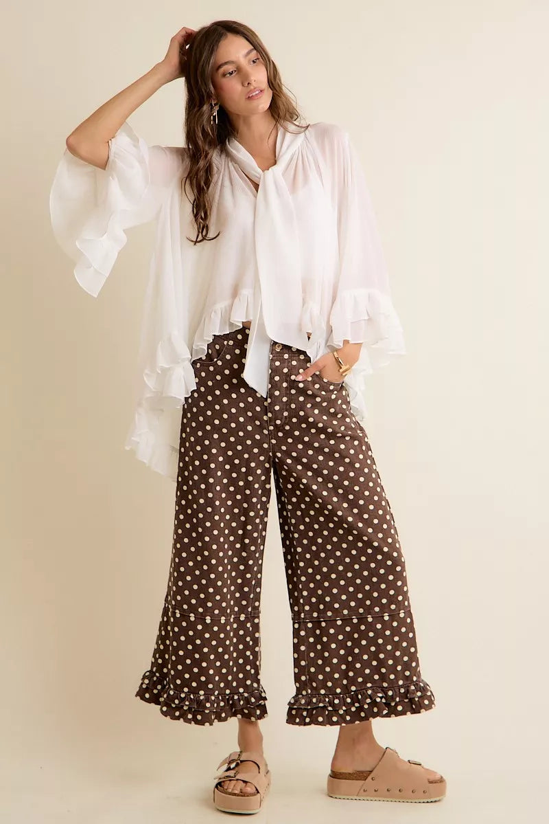 SO ME Sheer Ruffle Bell Sleeves Bow Tie Flowy Blouse Top on Simply Obsessed