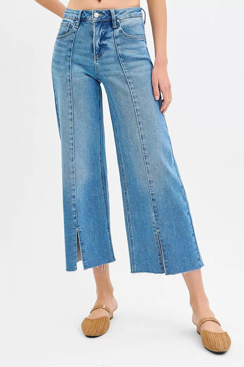 RISEN Tummy Control Mid Rise Crop Wide Front Slit Jeans on Simply Obsessed