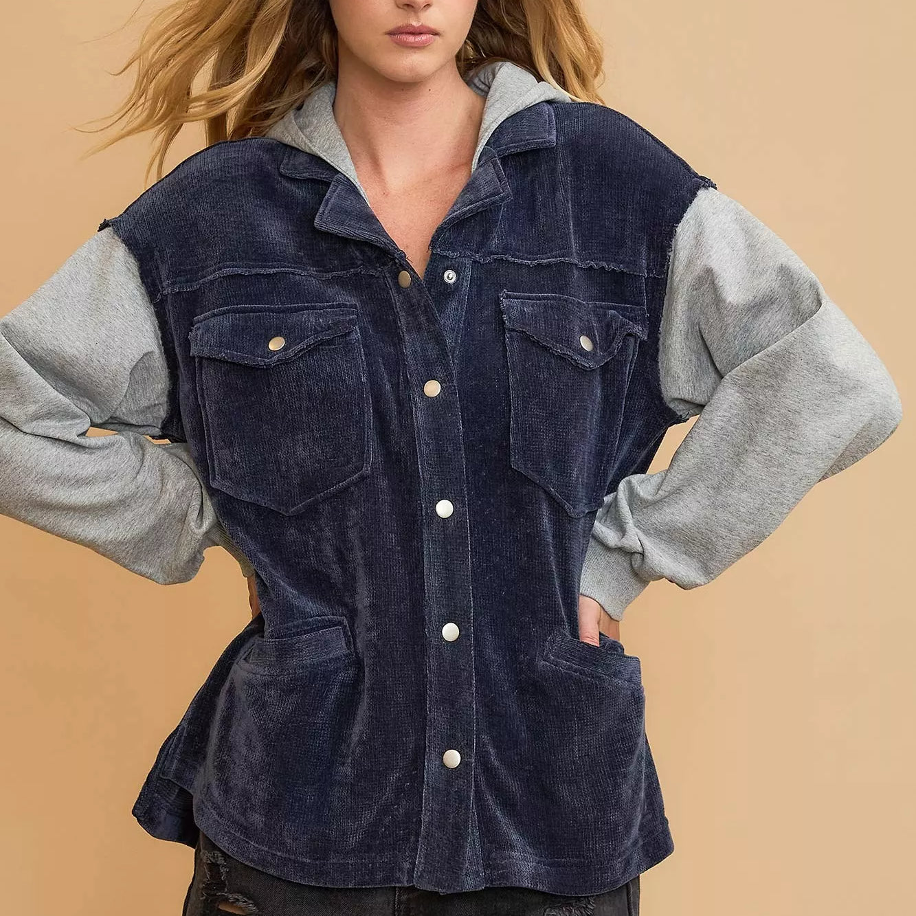 Umgee Contrast Hooded Chenille Jacket on Simply Obsessed