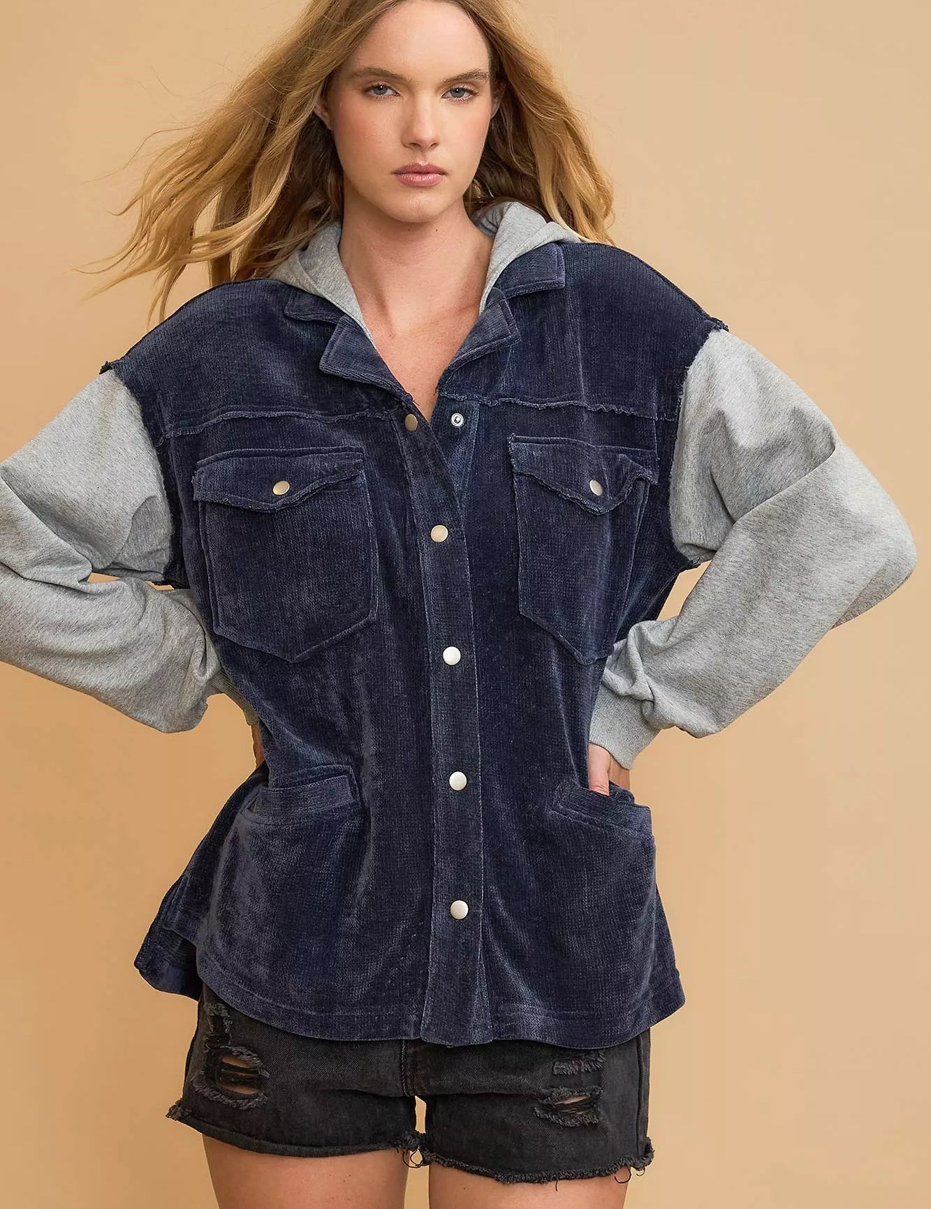 Umgee Contrast Hooded Chenille Jacket on Simply Obsessed